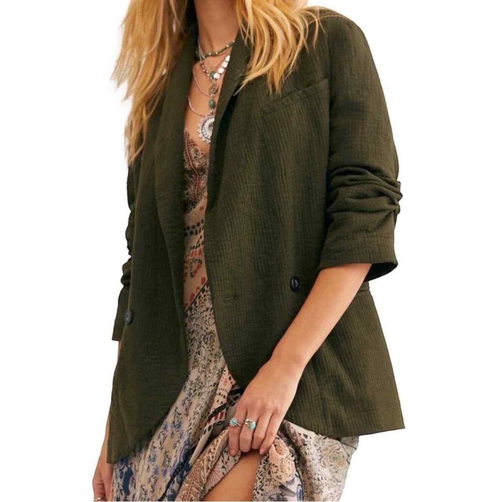 Free People Rowan Blazer Army Green Large Preppy Fall Boho - Picture 2 of 15
